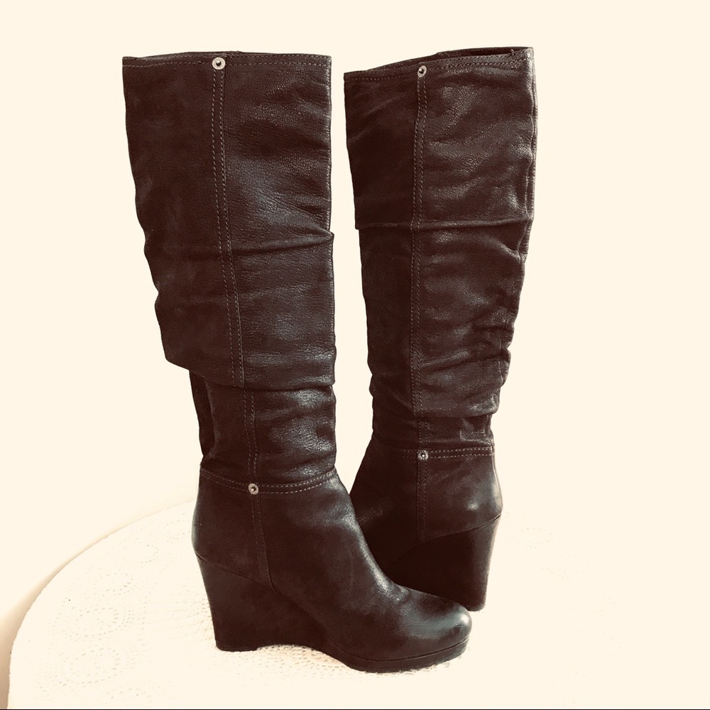 Prada Slouchy Leather Wedge/Platform Brown Knee High Heeled Boots